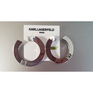 NEW KARL LAGERFELD PARIS SILVERTONE CRYSTAL LOGO FLAT HOOP EARRINGS 1.25 IN